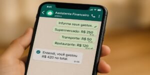 Tela de celular com conversa no WhatsApp entre usuário e assistente financeiro sobre gastos com supermercado, transporte e restaurante