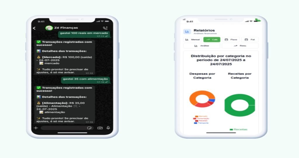 Interface de dois aplicativos financeiros exibindo registro de gastos via WhatsApp e gráficos de despesas por categoria