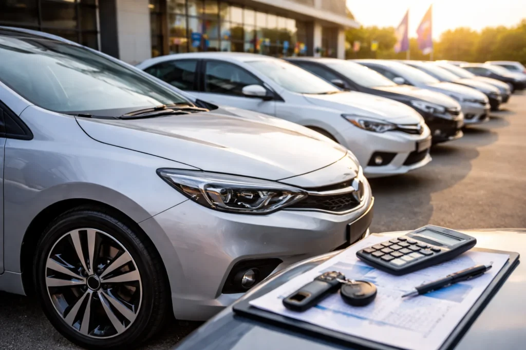 Carros usados alinhados em loja, com lataria automotiva bem conservada e pintura uniforme, representando a valorização do veículo no mercado de usados.