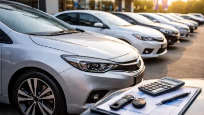 Carros usados alinhados em loja, com lataria automotiva bem conservada e pintura uniforme, representando a valorização do veículo no mercado de usados.